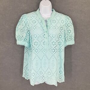 Crown &‎ Ivy Top Womens Sz S Aqua Blue Eyelet Blouse Puff Sleeve Breathable